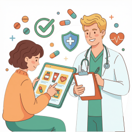 Patient consulting with a doctor about medication options displayed on a tablet, surrounded by medical icons.