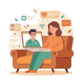 Woman sitting on a couch holding a laptop showing a male doctor for a telemedicine consultation with health-related icons around.