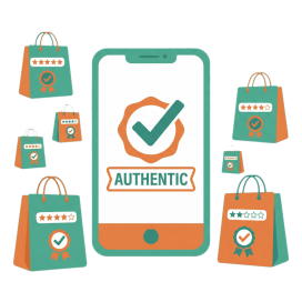 Smartphone screen with an 'Authentic' badge and checkmark surrounded by shopping bags showing star ratings and verification badges.