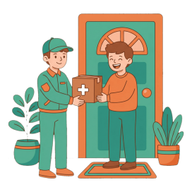 Delivery person handing a medical supply box to a happy recipient at home entrance with potted plants nearby.
